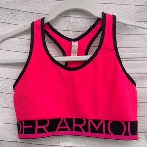 Under Armour Womens Pink Sports Bra Sz Small Wide Band Logo HeatGear Compression
